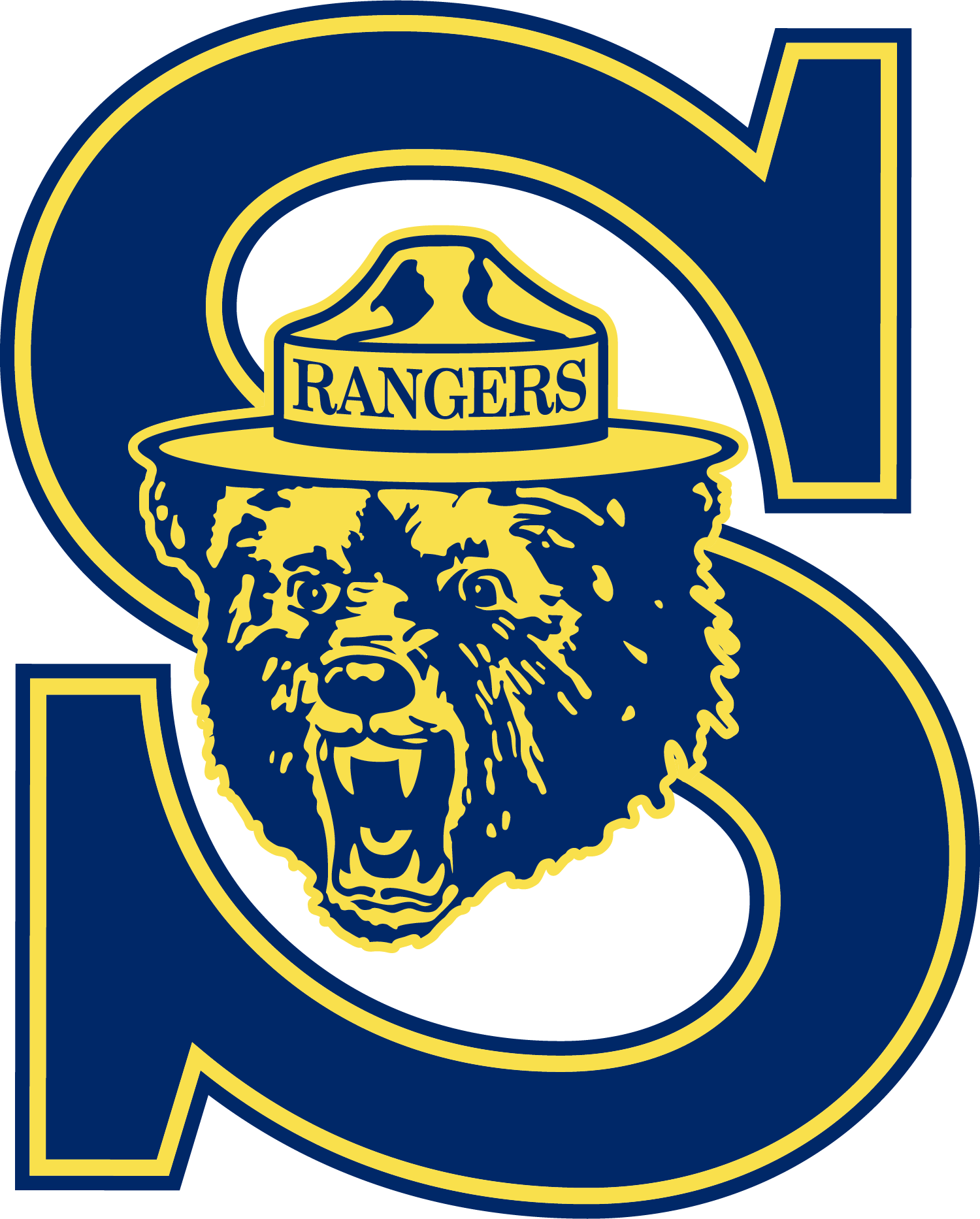 A sports team logo featuring a blue and yellow letter S with a bear wearing a ranger hat in the center.